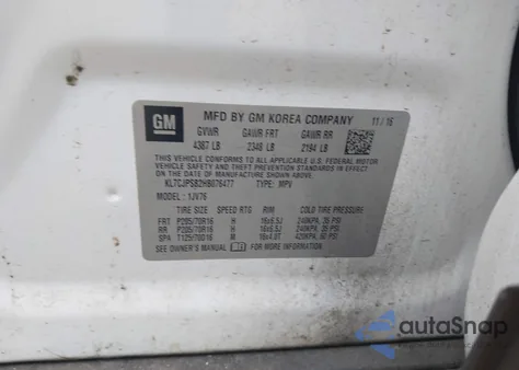 2017 Chevrolet Trax Lt из США, поврежденный, VIN KL7CJPSB2HB076477